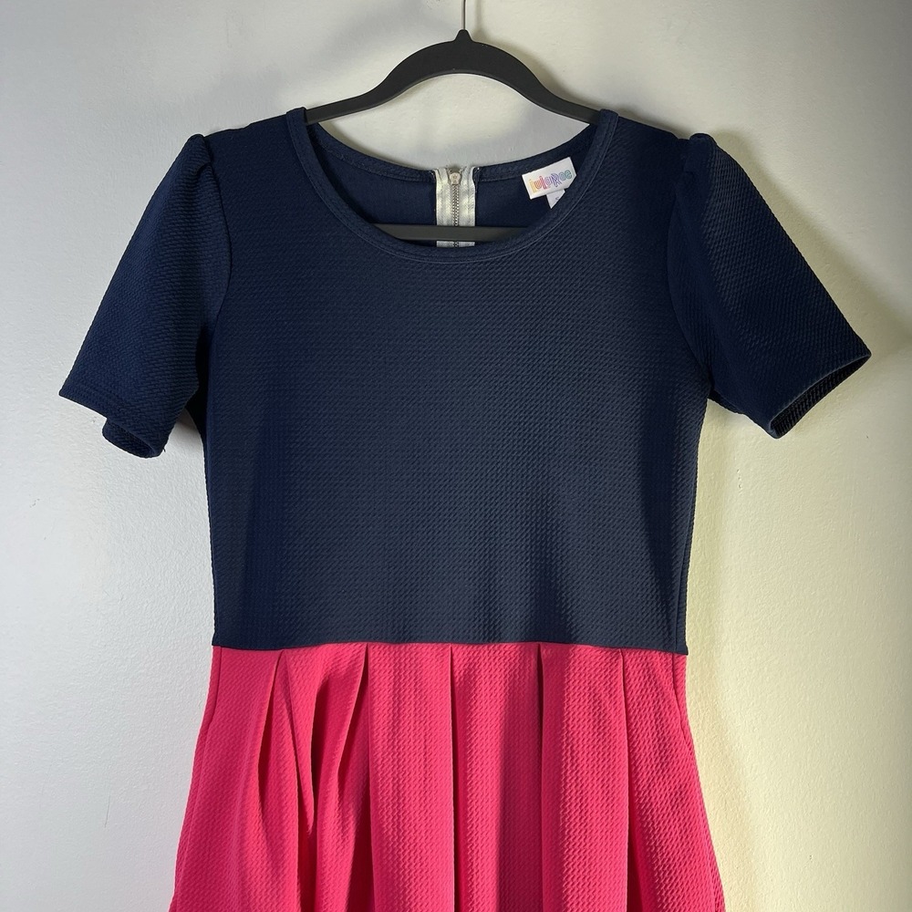 Lularoe Amelia Womens Sz Small Dress Pink Blue Color Block Pockets Textured Work - Picture 3 of 9